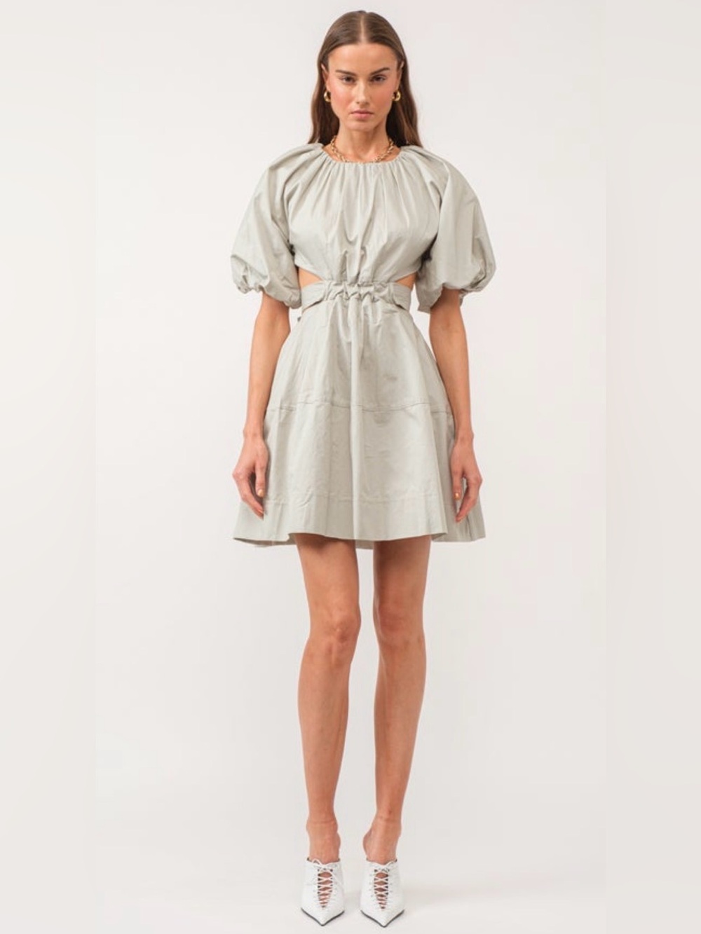 Puff-Sleeve Sage Green Midi Dress with tie belt